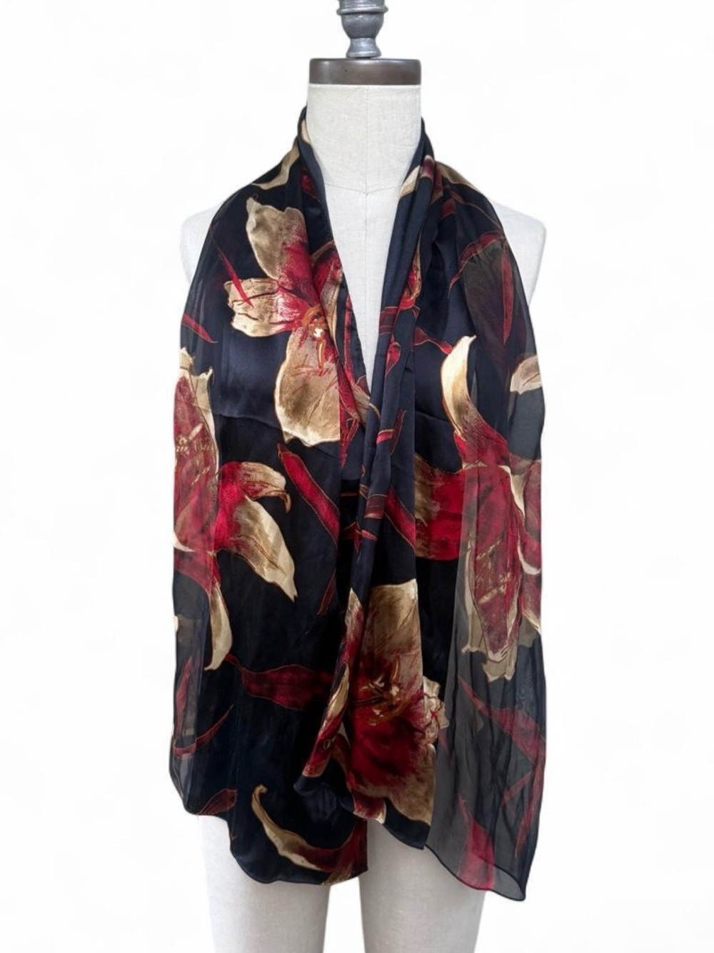 Vintage 100% silk ECHO scarf shawl black red & gold floral hibiscus 58x17 1980’s